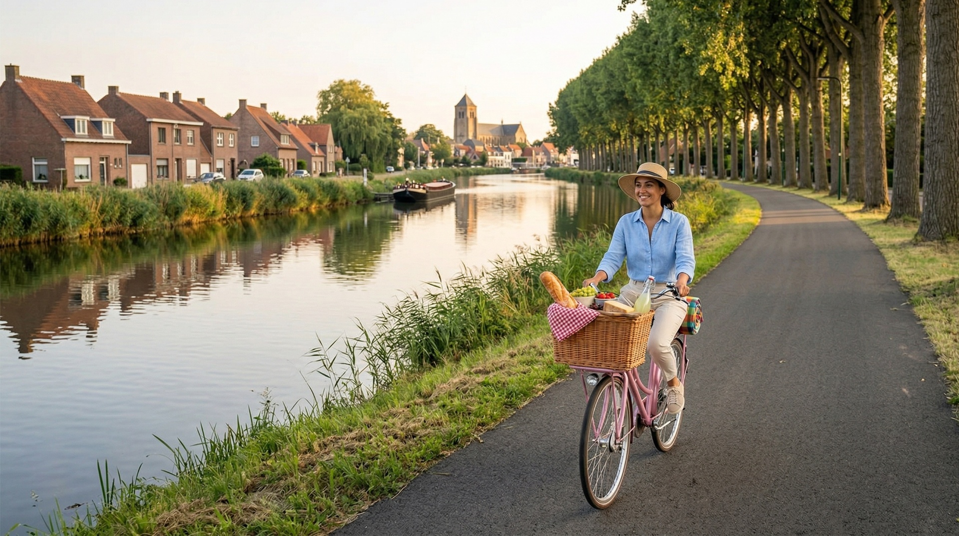 A cyclist riding along the Damse Vaart canal near Bruges with a wicker basket full of picnic treats